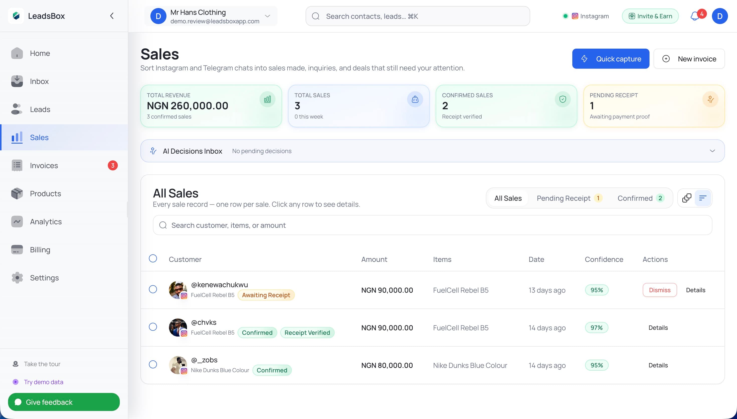 LeadsBox dashboard — Instagram DM sales pipeline